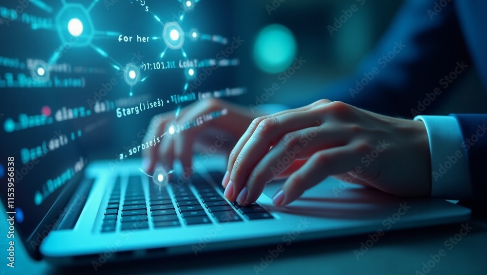 a person typing on a laptop with a blue background a person typing on a laptop with a blue background
