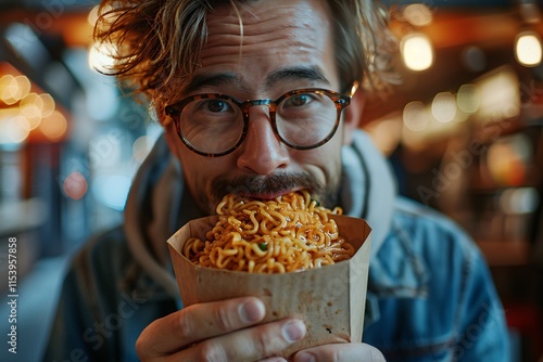 A young man with glasses savoring a generous portion of noodles while seated at a colorful food stall during twilight. The warm ambiance creates a lively atmosphere around him