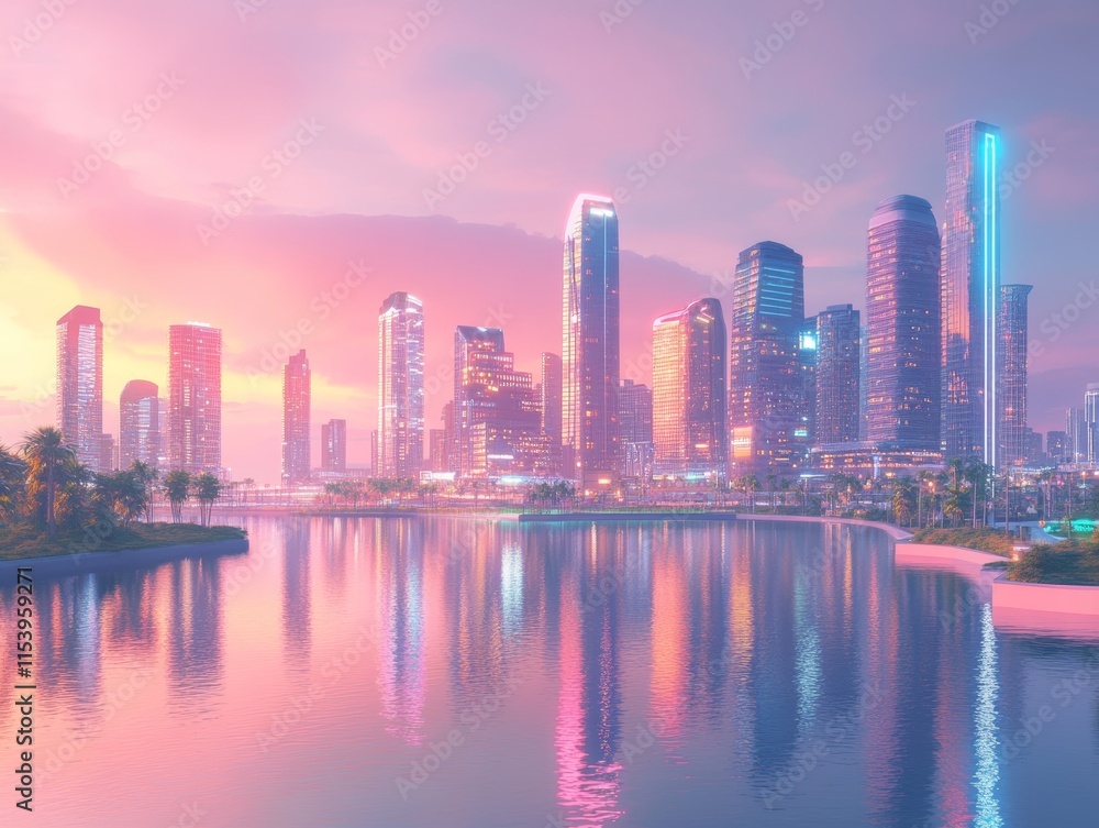 Obraz premium Spectacular Sunset View of a Modern City Skyline Reflected in a Calm Water Body, Showcasing Vibrant Colors and Towering Structures Along the Waterfront