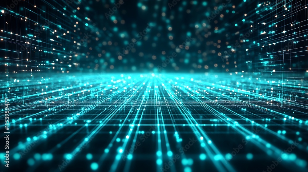 A futuristic digital grid with glowing turquoise lines fading into the distance. A futuristic digital grid with glowing turquoise lines fading into the distance.