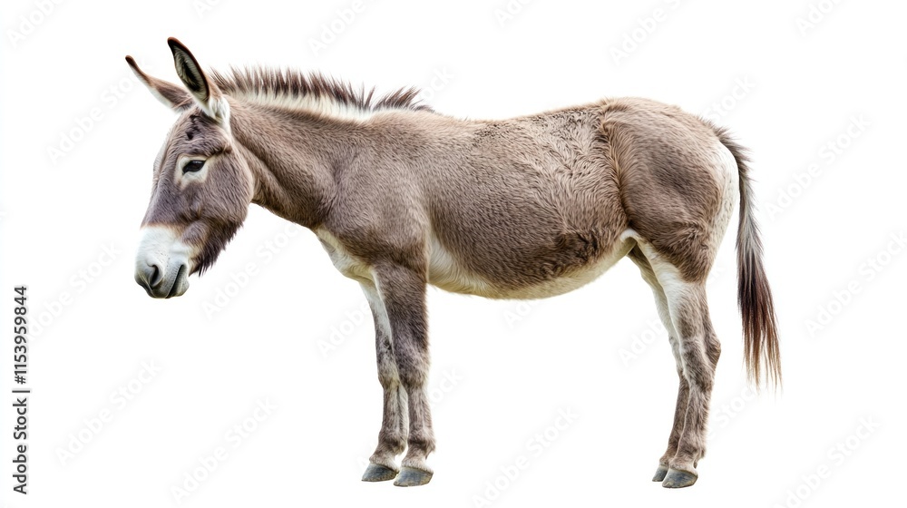A brown donkey standing on a white background. A brown donkey standing on a white background.
