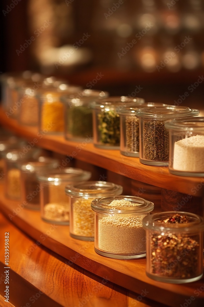Assortment of Spice Jars Displayed on Wooden Shelves in Kitchen Assortment of Spice Jars Displayed on Wooden Shelves in Kitchen