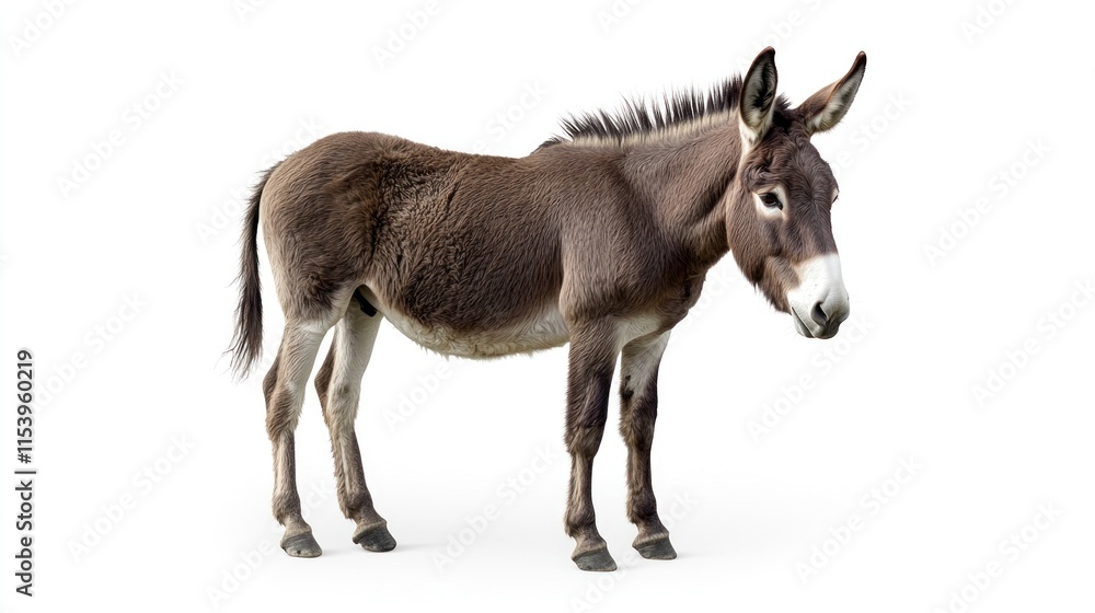 A brown donkey standing on a white background. A brown donkey standing on a white background.