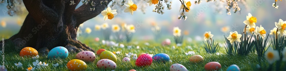whimsical easter garden with vibrant eggs scattered under tree surrounded by daffodils and green grass whimsical easter garden with vibrant eggs scattered under tree surrounded by daffodils and green grass