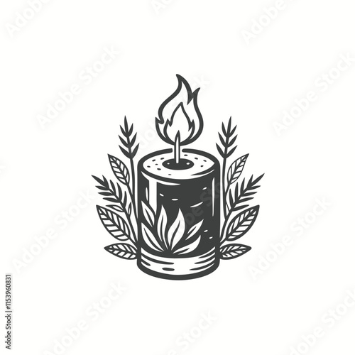 Rustic Vintage Wax Candle as Vector Image. Traditional Christian Symbol Decoration with Wood Leaf and Fire. Vector illustration