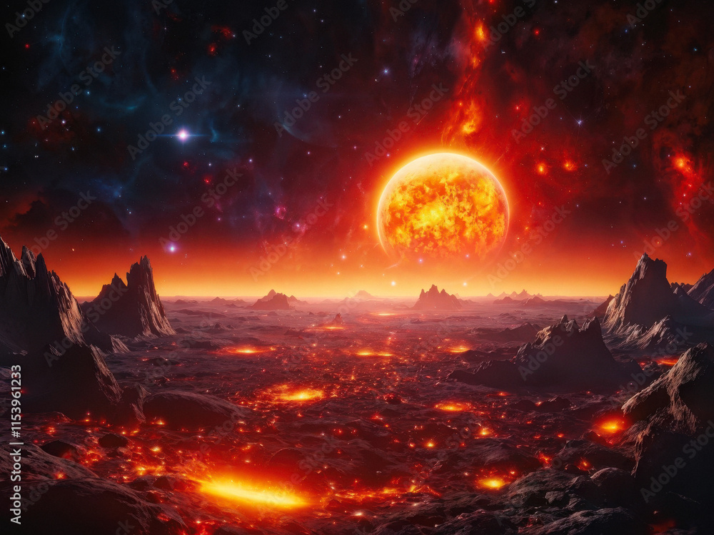 Epic cosmic vista of fiery planets surrounded by glowing debris fields, radiating intense orange and red hues, showcasing interstellar drama. Generative AI Epic cosmic vista of fiery planets surrounded by glowing debris fields, radiating intense orange and red hues, showcasing interstellar drama. Generative AI