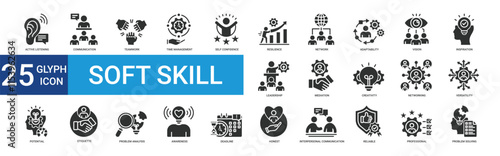 Soft sklill icon collection set with active listening, communication, teamwork, time management, self confidence