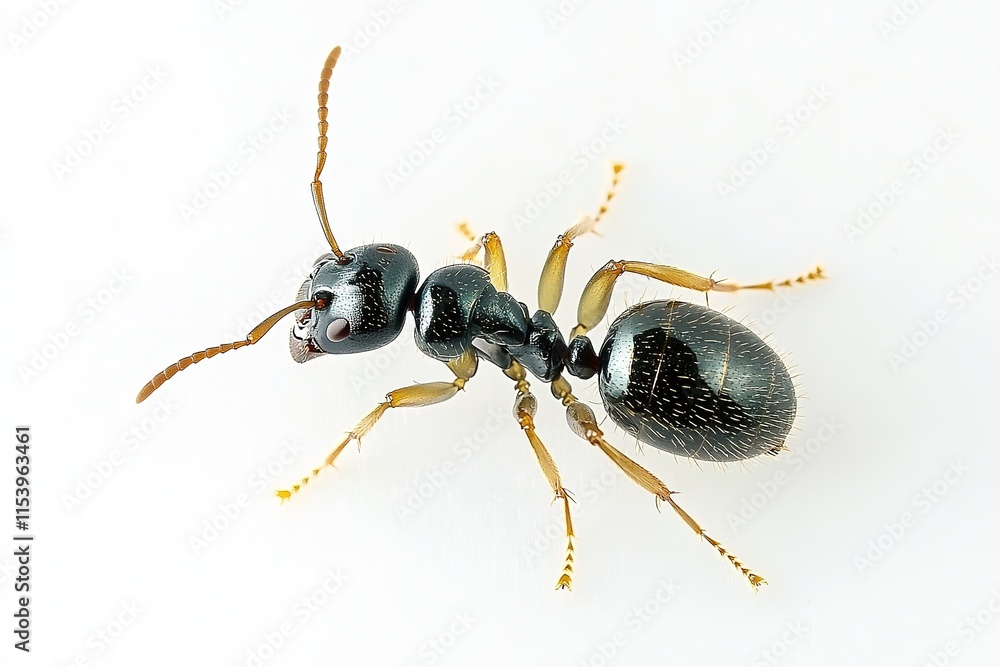 single ant with shiny black body and segmented limbs displayed on crisp white background single ant with shiny black body and segmented limbs displayed on crisp white background