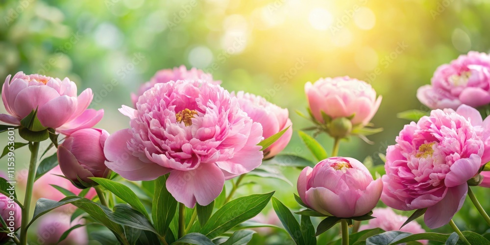 Beautiful pink peonies surrounded by lush greenery and a soft natural light background , springtime flowers, flower arrangement Beautiful pink peonies surrounded by lush greenery and a soft natural light background , springtime flowers, flower arrangement