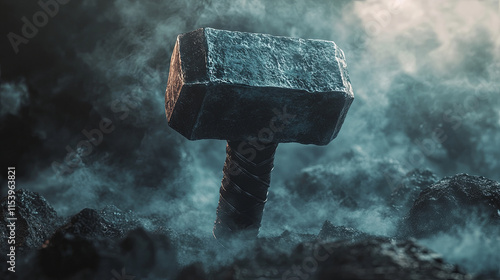 close up of powerful hammer head emerging from fog, symbolizing strength and resilience photo