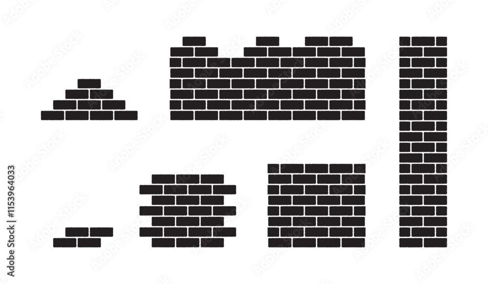 Silhouettes of brick walls of various shapes: rectangular, triangular, horizontal and vertical blocks. Silhouettes of brick walls of various shapes: rectangular, triangular, horizontal and vertical blocks.
