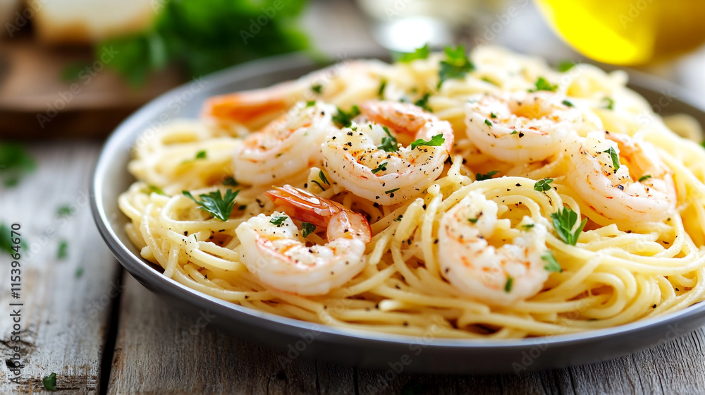 Delicious shrimp pasta served with fresh herbs on a rustic wooden table at a cozy dining setting Delicious shrimp pasta served with fresh herbs on a rustic wooden table at a cozy dining setting