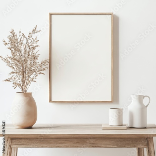 Decorative Elements on Wooden Table Featuring Vase, Jug, and Empty Frame in Minimalist Interior Setting