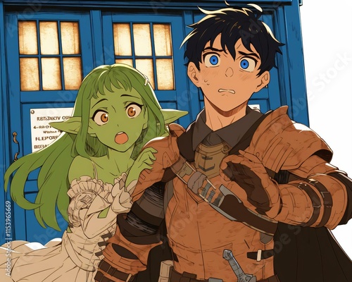 Young man brown armor stands protectively front blue TARDIS sword hand while greenskinned goblin girl looks alarmed beside him photo