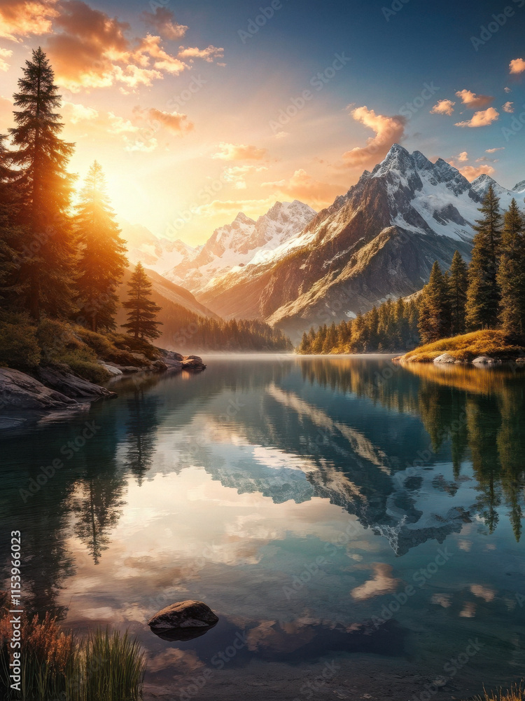 Fototapeta premium A pristine alpine lake reflects towering snow-capped mountains under a golden sunset, creating a picture-perfect nature scene. Generative AI