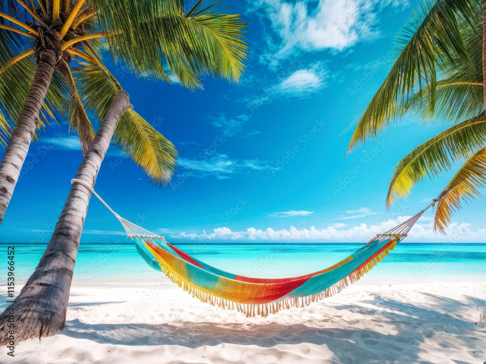 Fototapeta premium A tropical beach with colorful hammocks tied between palm trees, turquoise water gently lapping on white sand under a clear blue sky. Generative AI