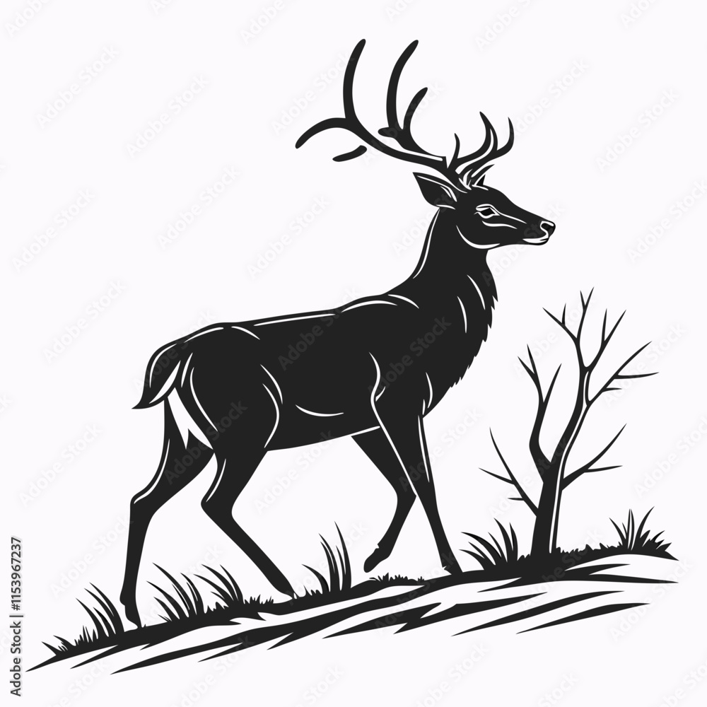 Obraz premium Deer vector silhouette black design white background