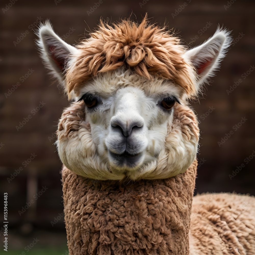Obraz premium close-up front view of a fluffy alpaca with curly brown and white fur, standing outdoors with a blurred background