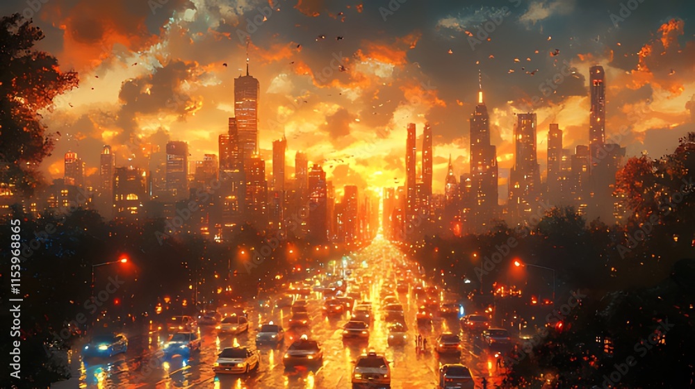 Fototapeta premium Futuristic city sunset with traffic on a rain-soaked avenue.