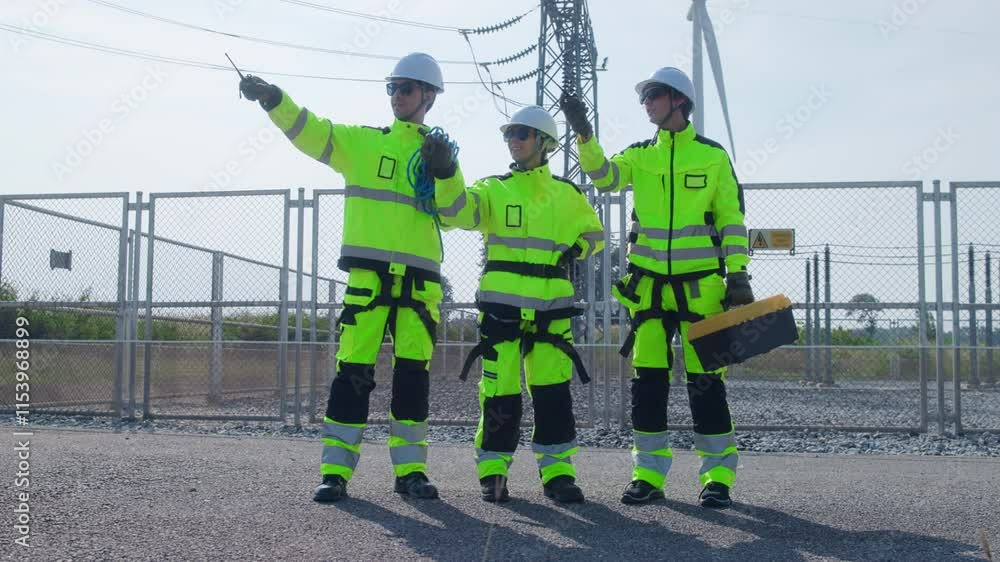 engineers in high-visibility gear and helmets stand on a platform, raising their fists in celebration, symbolizing teamwork and success. engineers in high-visibility gear and helmets stand on a platform, raising their fists in celebration, symbolizing teamwork and success.