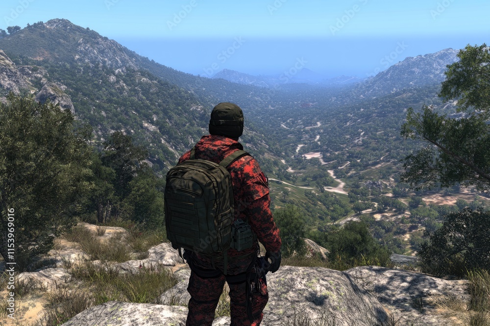 A person in camouflage gear overlooks a mountainous landscape under a clear blue sky. A person in camouflage gear overlooks a mountainous landscape under a clear blue sky.