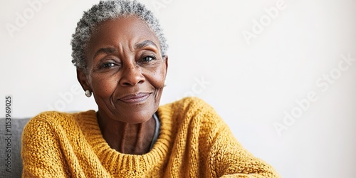 nostalgic 75-year-old african american woman wearing cozy knitted sweater sitting on chair with wistful smile gazing