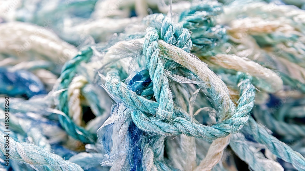 Colorful Tangled Ropes Displaying a Mix of Blue and White Fibers Lying on a Textured Surface in Bright Lighting Colorful Tangled Ropes Displaying a Mix of Blue and White Fibers Lying on a Textured Surface in Bright Lighting