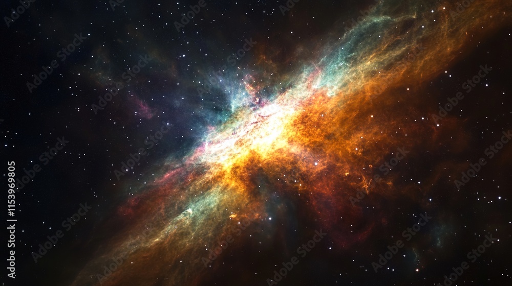 Fototapeta premium close-up shot of glowing nebula in deep space with radiant light and colorful gases swirling in beautiful cosmic display