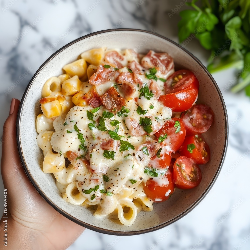 Delicious Creamy Pasta Dish Topped With Fresh Tomatoes and Herbs in a Cozy Kitchen Setting on a Marble Countertop Delicious Creamy Pasta Dish Topped With Fresh Tomatoes and Herbs in a Cozy Kitchen Setting on a Marble Countertop