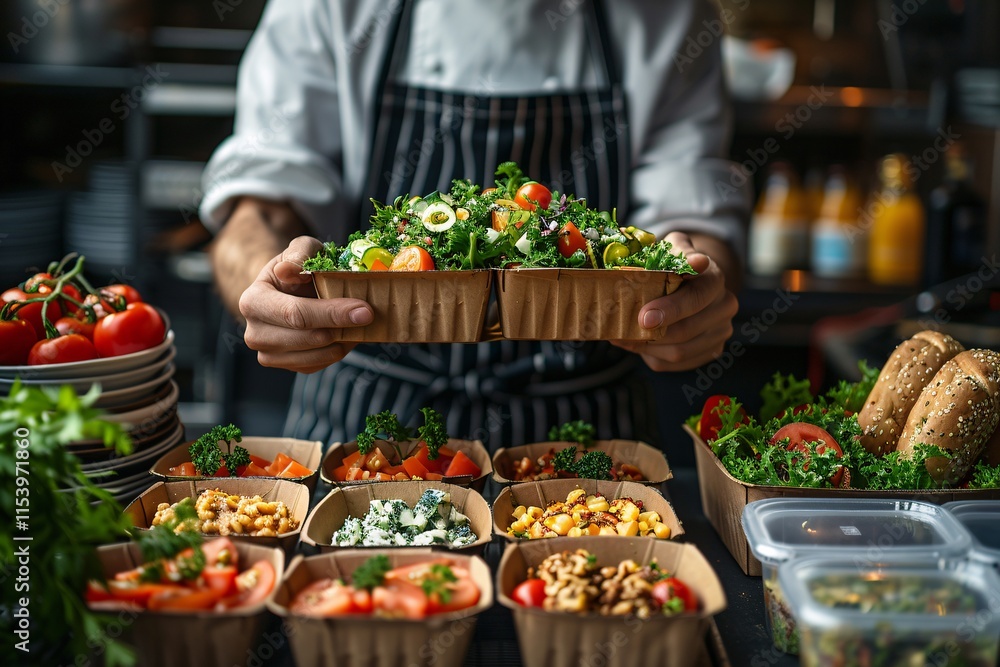 Obraz premium A chef holds two large containers filled with fresh salad ingredients in a bustling kitchen filled with various healthy dishes. The atmosphere is vibrant as lunchtime approaches