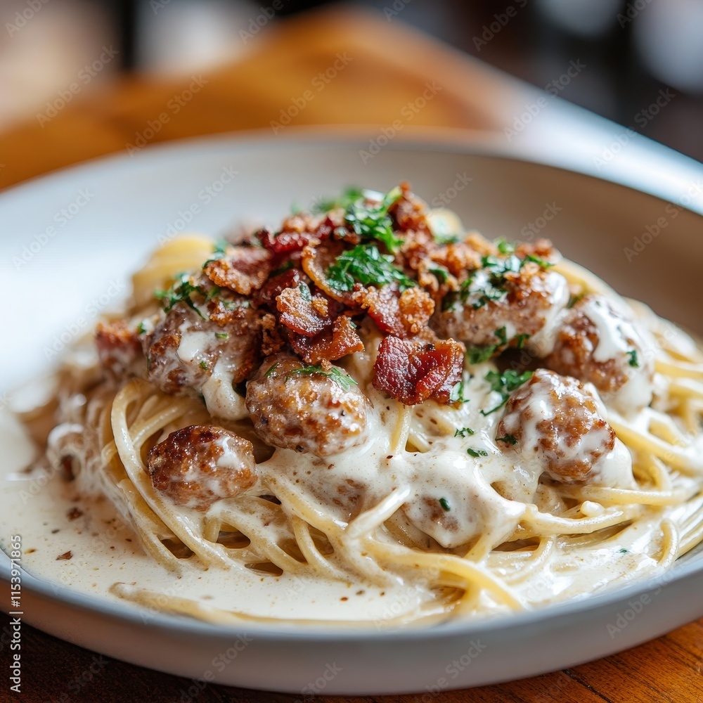 Delicious Creamy Pasta With Meatballs and Crispy Bacon Served in a Stylish Restaurant Setting During Dinner Time Delicious Creamy Pasta With Meatballs and Crispy Bacon Served in a Stylish Restaurant Setting During Dinner Time