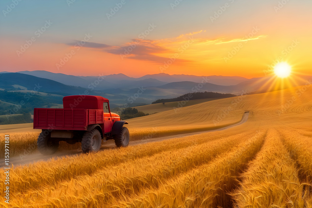 Golden Wheat Field Sunset Landscape Illustration Golden Wheat Field Sunset Landscape Illustration