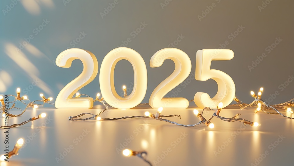 2025 large golden text Happy New Year on a soft glowing surface and christmas lights in background 2025 large golden text Happy New Year on a soft glowing surface and christmas lights in background
