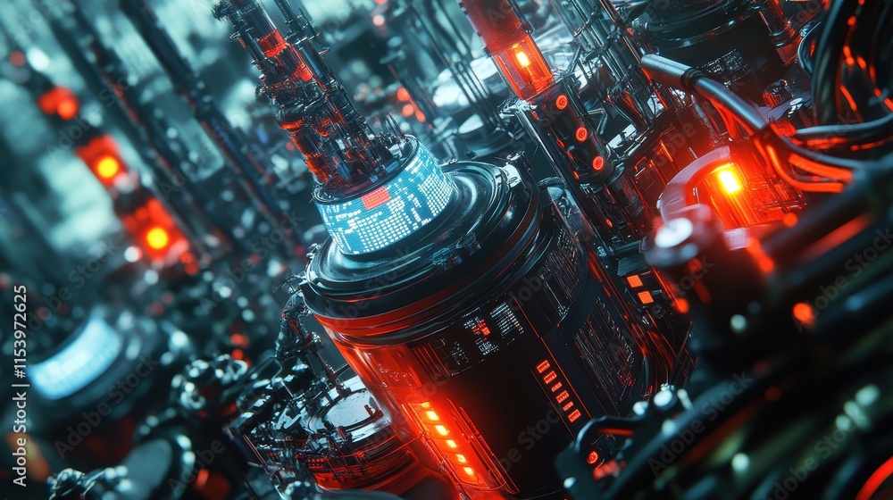 Fototapeta premium A close-up view of advanced control systems linked to reactor vessels and cracking units, digital displays and cables wrapped around machinery in a futuristic petrochemical plant.