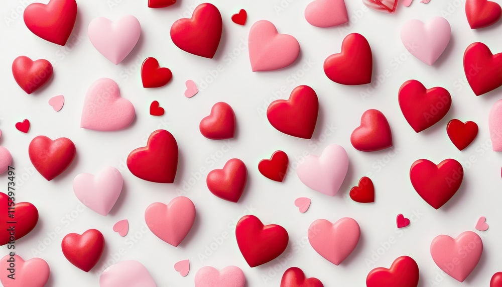 high quality, Valentine's day background with red and pink hearts on white background