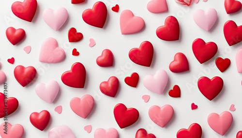high quality, Valentine's day background with red and pink hearts on white background