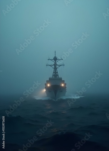 A naval destroyer emerges through fog with faint lights and a churning sea below.