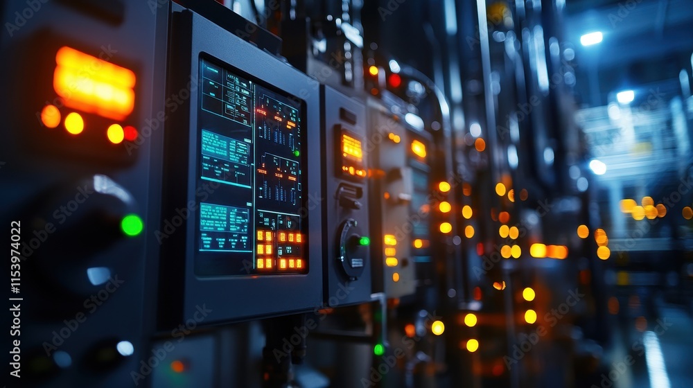 Obraz premium Macro view of control panels, cables, and digital displays monitoring the performance of reactor vessels and cracking units in a petrochemical plant.