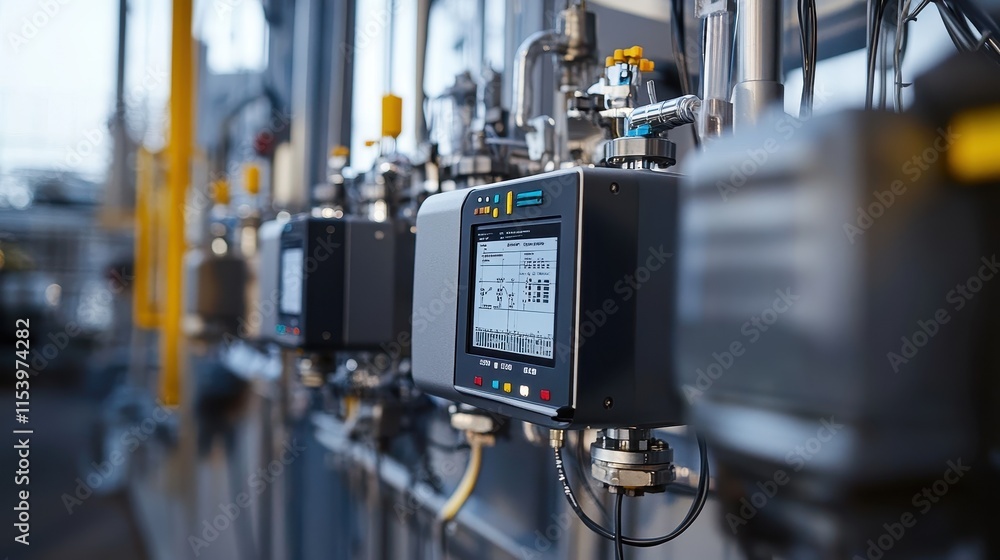 Close-up of advanced control systems attached to reactor vessels, wires and digital interfaces monitoring cracking units in a cutting-edge petrochemical facility. Close-up of advanced control systems attached to reactor vessels, wires and digital interfaces monitoring cracking units in a cutting-edge petrochemical facility.