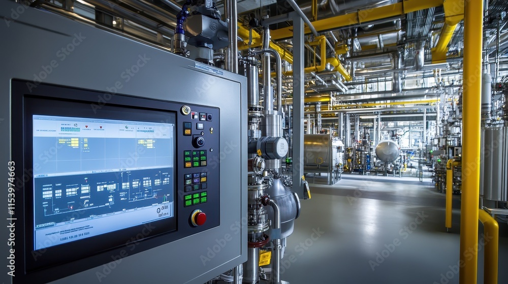 Macro view of advanced control systems monitoring cracking units and reactor vessels, displays and cables interwoven within a cutting-edge petrochemical plant.