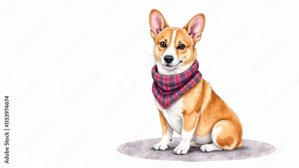 Adorable corgi with a warm scarf around his neck on a white background. Place for text. The concept of caring for animals during the cold season Adorable corgi with a warm scarf around his neck on a white background. Place for text. The concept of caring for animals during the cold season
