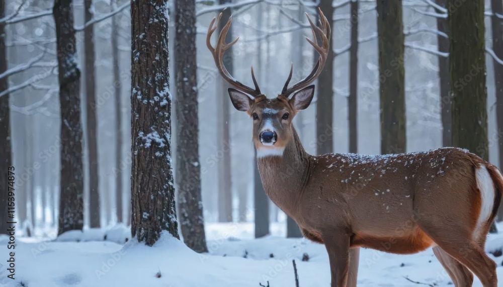 Majestic Deer with Antlers Covered in Snow in a Winter Forest Majestic Deer with Antlers Covered in Snow in a Winter Forest