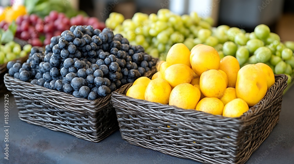 Fresh grapes and apricots in baskets at market. Fresh grapes and apricots in baskets at market.