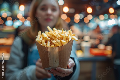 A person holds a generous portion of golden French fries in a wooden container amidst a lively food market atmosphere, filled with soft lighting and distant conversations