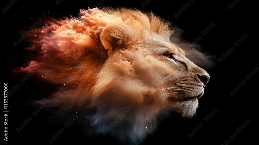 Naklejka premium Fiery lion's majestic portrait, a stunning display of power and majesty on black background