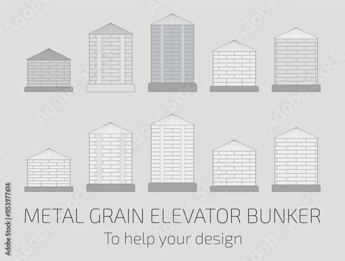 Vector illustration.  Set of metal grain elevator hopper. Help for the designer.
