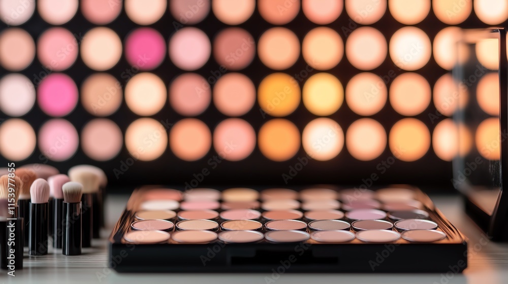 A colorful makeup palette surrounded by brushes, set against a backdrop of soft-focus round lights, ideal for beauty enthusiasts and makeup artists looking for creative inspiration A colorful makeup palette surrounded by brushes, set against a backdrop of soft-focus round lights, ideal for beauty enthusiasts and makeup artists looking for creative inspiration