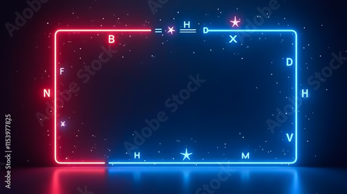 The vibrant neon blue and red rectangular frame displays lettering with space for copy, surrounded by a starry space background.