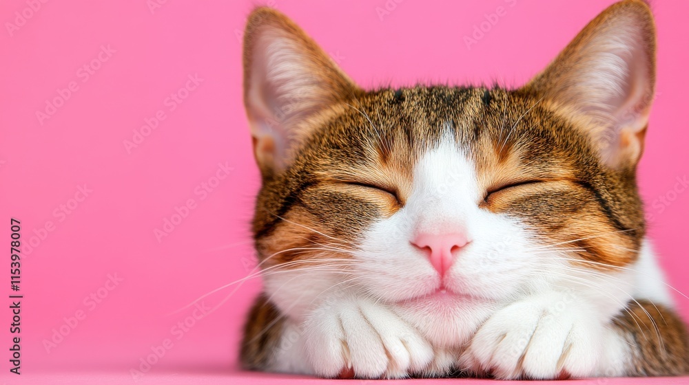 Fototapeta premium A peaceful cat rests its head on its paws against a vibrant pink background, showcasing its content expression and soft fur.