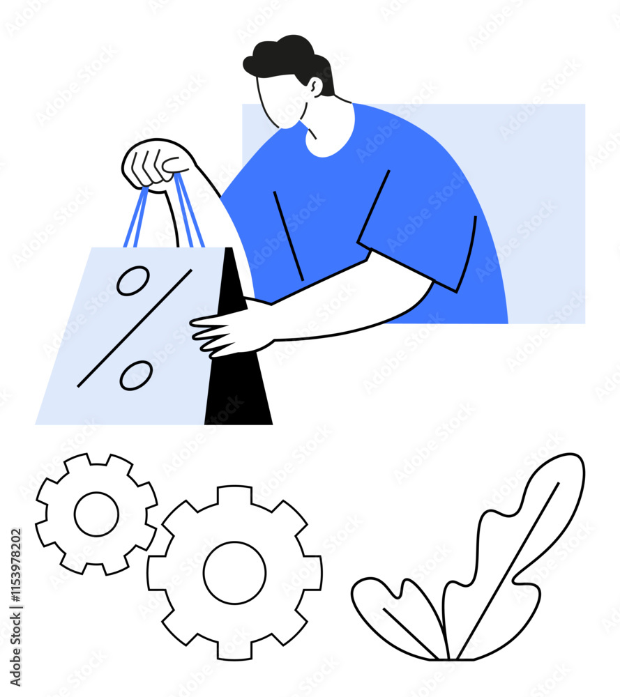 Shopper holding discount shopping bags in casual attire, alongside gears and a leaf. Ideal for retail, shopping, discounts, sales strategy, customer experience, e-commerce and market analysis. Line Shopper holding discount shopping bags in casual attire, alongside gears and a leaf. Ideal for retail, shopping, discounts, sales strategy, customer experience, e-commerce and market analysis. Line